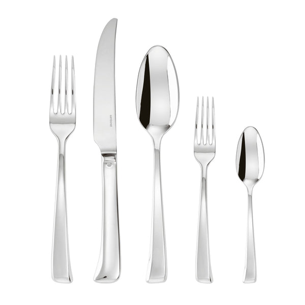 The Sambonet Imagine Flatware 5PPS - Stainless Steel set features a dinner fork, dinner knife, soup spoon, salad fork, and teaspoon—all with a sleek, modern polished design displayed on a white background.
