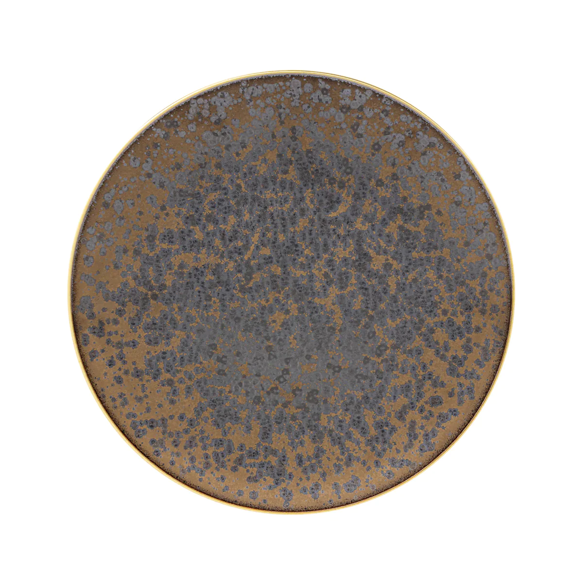 The Aguirre Dinnerware by Jaune De Chrome is a round ceramic plate with a brown and gray speckled pattern, accented by a gold rim. Its textured, mottled surface evokes the look of luxurious tableware.