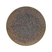 The Aguirre Dinnerware by Jaune De Chrome is a round ceramic plate with a brown and gray speckled pattern, accented by a gold rim. Its textured, mottled surface evokes the look of luxurious tableware.