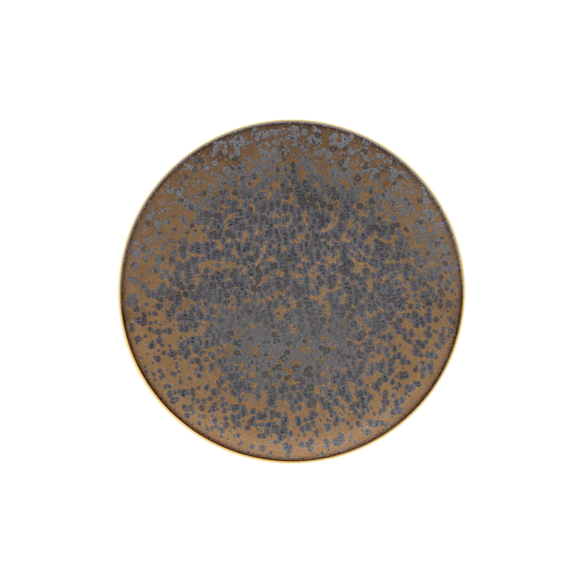 The Aguirre Dinnerware by Jaune De Chrome is a round ceramic plate featuring a speckled brown and gray pattern, reminiscent of French dinnerware, shown from above on a white background.