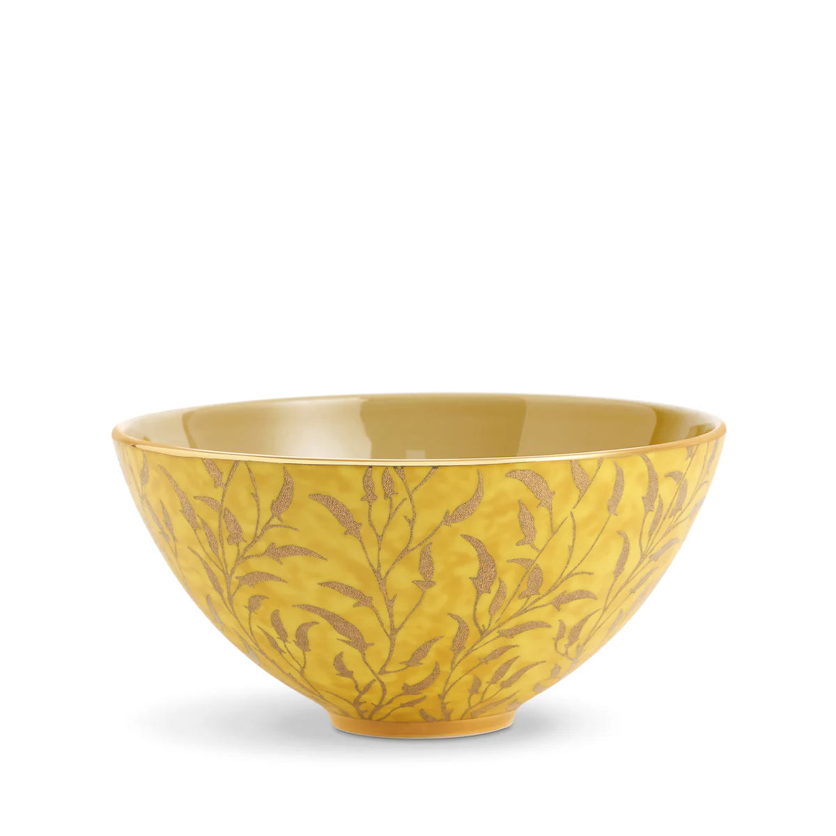 The Fortuny Orfeo Serving Bowl Yellow - Medium by L'Objet is an empty earthenware centerpiece with a glossy finish, adorned with light brown leaf and branch patterns plus subtle gold detailing, shown against a white background.