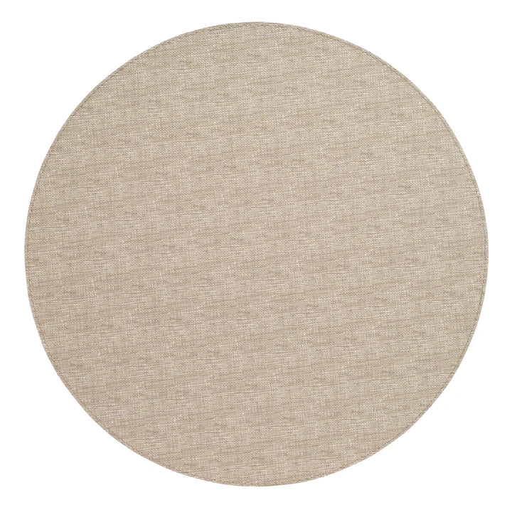 The Bodrum Pronto Placemat Round Set of 4 features beige, round mats with a woven texture, made from phthalate-free vinyl for easy cleaning, shown from above on a white background.