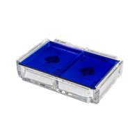 The Luxe Dominoes Luxe Acrylic Card Set features two blue playing card decks with an ace of spades design, stored in a clear acrylic holder, all displayed against a white background.