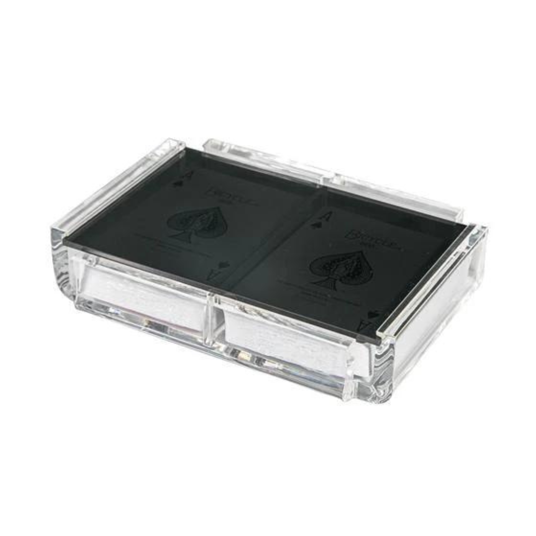 The Luxe Dominoes Luxe Acrylic Card Set features two black playing card decks, elegantly displayed in a clear acrylic gift box.