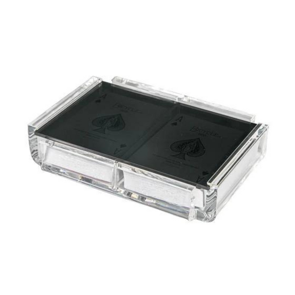 The Luxe Dominoes Luxe Acrylic Card Set features two black playing card decks, elegantly displayed in a clear acrylic gift box.
