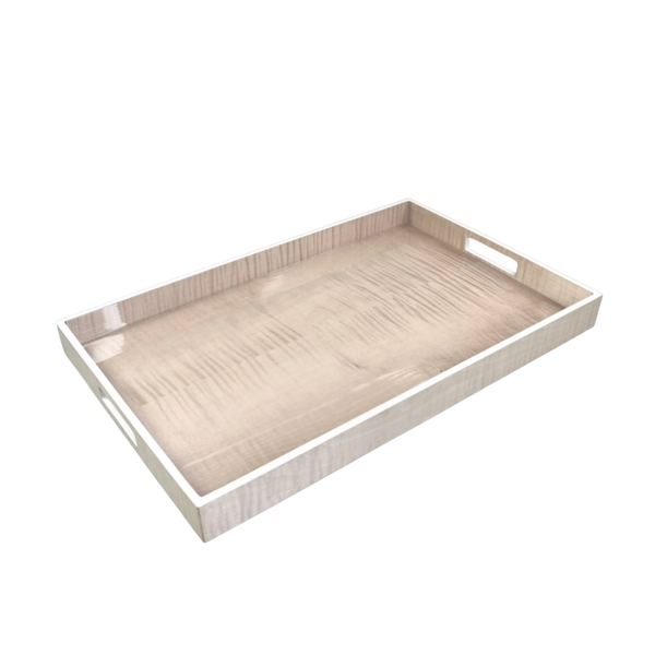 Lacquer Breakfast Tray - Sycamore w/ Silver Trim by Pacific Connections, featuring a rectangular shape crafted from sycamore wood with a light, natural finish, accented with silver trim and cut-out handles on each short side, shown on a white background.