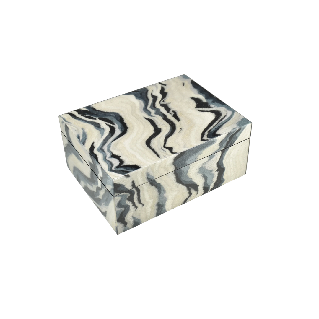 The Pacific Connections Landscape Hinged Box is a rectangular black lacquer box featuring a marbled black, gray, and white pattern on all sides, isolated on a white background. Its hinged lid fits securely on top, highlighting the refined style of this handcrafted jewelry box.