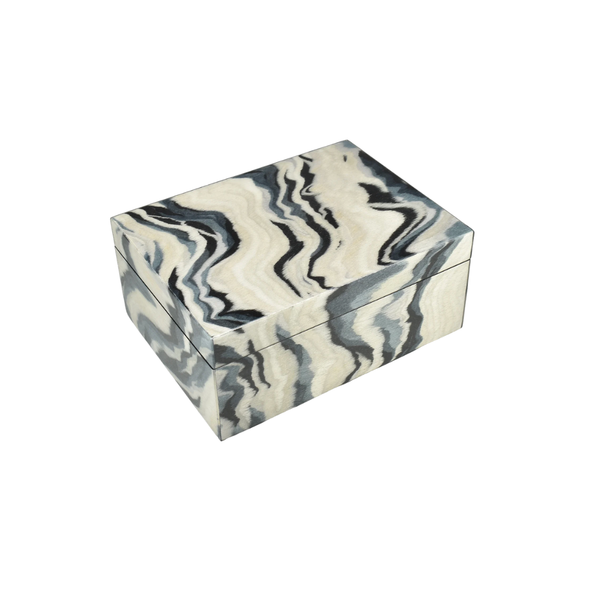 The Pacific Connections Landscape Hinged Box is a rectangular black lacquer box featuring a marbled black, gray, and white pattern on all sides, isolated on a white background. Its hinged lid fits securely on top, highlighting the refined style of this handcrafted jewelry box.