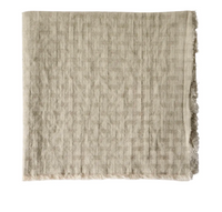 A set of four beige, textured fabric napkins by Deborah Rhodes, featuring a subtle checkered pattern and slightly frayed edges inspired by the Lattice Fringe Napkin collection.