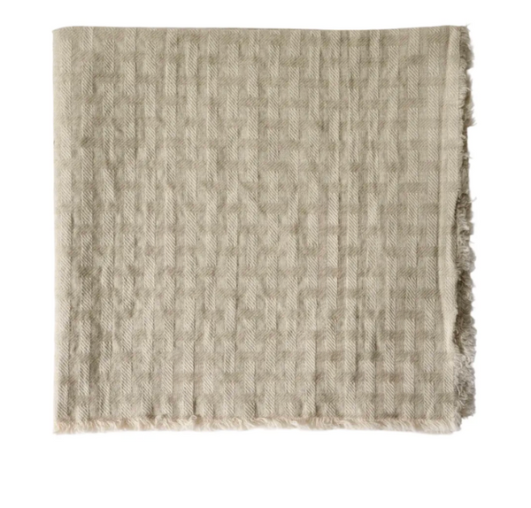 A set of four beige, textured fabric napkins by Deborah Rhodes, featuring a subtle checkered pattern and slightly frayed edges inspired by the Lattice Fringe Napkin collection.