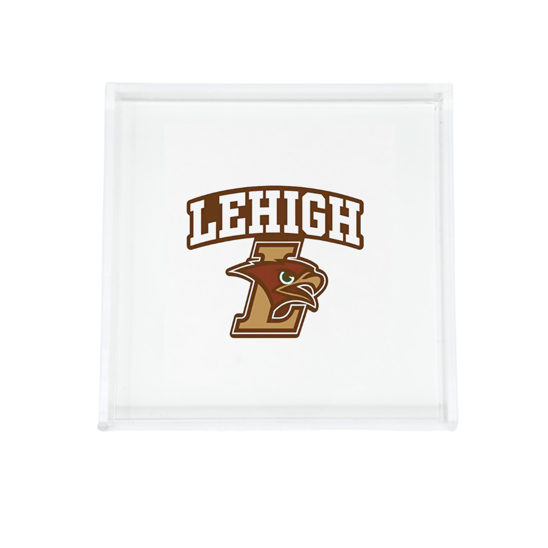 The Eye Candy College Acrylic Catchall Tray features the Lehigh University logo with a brown hawk head over a large "L" and "LEHIGH" above it—an ideal custom school tray and stylish dorm room accessory.
