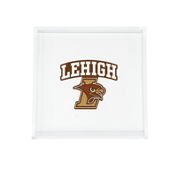 The Eye Candy College Acrylic Catchall Tray features the Lehigh University logo with a brown hawk head over a large "L" and "LEHIGH" above it—an ideal custom school tray and stylish dorm room accessory.