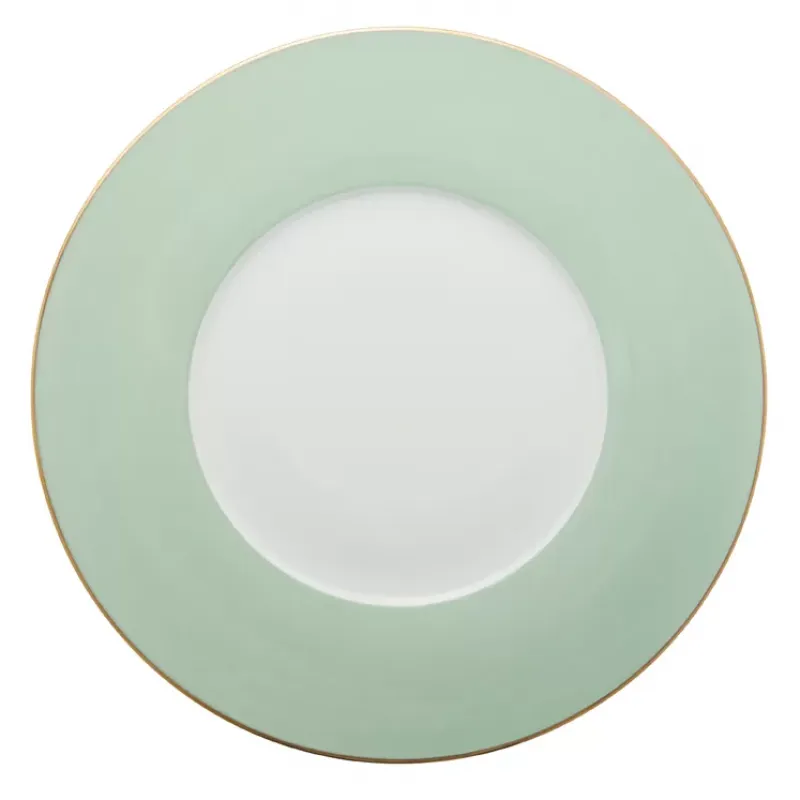 A round ceramic plate from the Haviland & Parlon Lexington Dinnerware-Celadon collection features a wide pale green rim, thin 22K gold edge, and white center. Photographed from above on a white background.