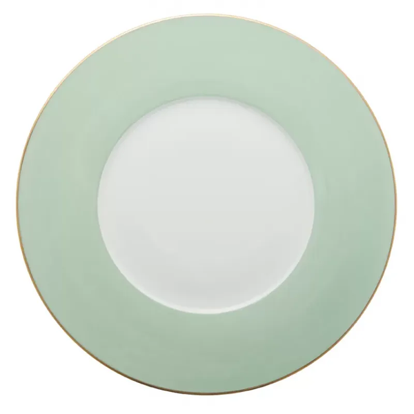 A round ceramic plate from the Haviland & Parlon Lexington Dinnerware-Celadon collection features a wide pale green rim, thin 22K gold edge, and white center. Photographed from above on a white background.