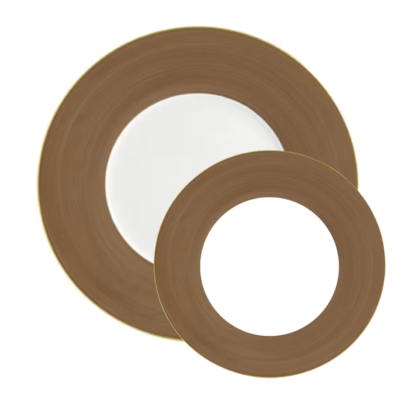 Two round Lexington Dinnerware-Taupe plates by Robert Haviland & C. Parlon overlap—a smaller plate set atop a larger, both with wide brown rims and white centers—elegant luxury tableware ideal for any setting.
