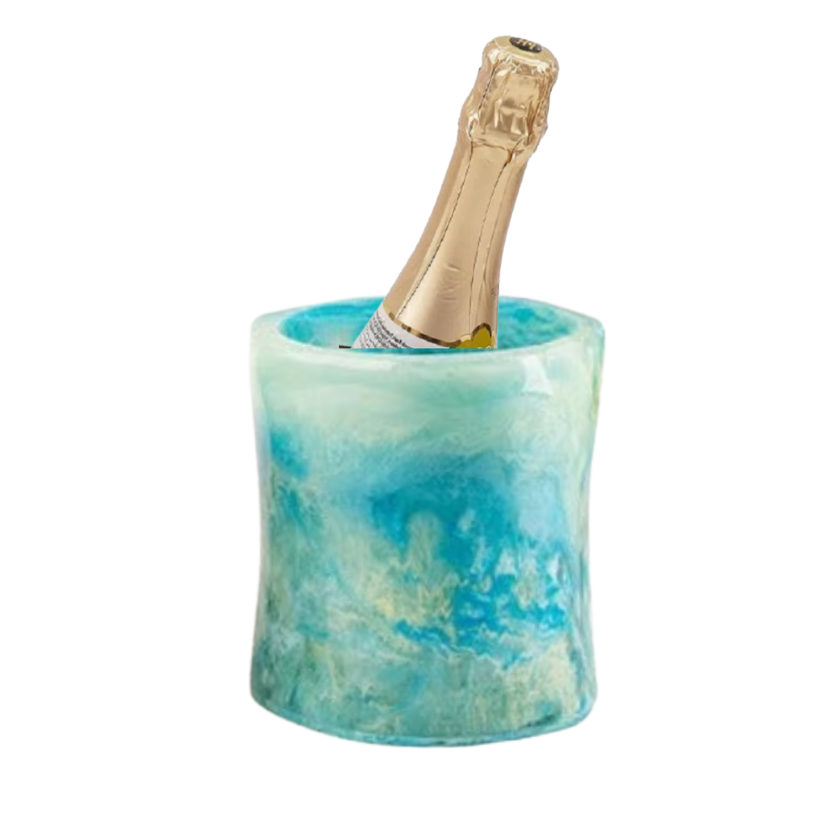 A bottle of champagne sits in the Lily Juliet Resin Ice Bucket, a stylish blue and white marbled handcrafted piece from Lily Juliet with a glossy finish, isolated on a white background.