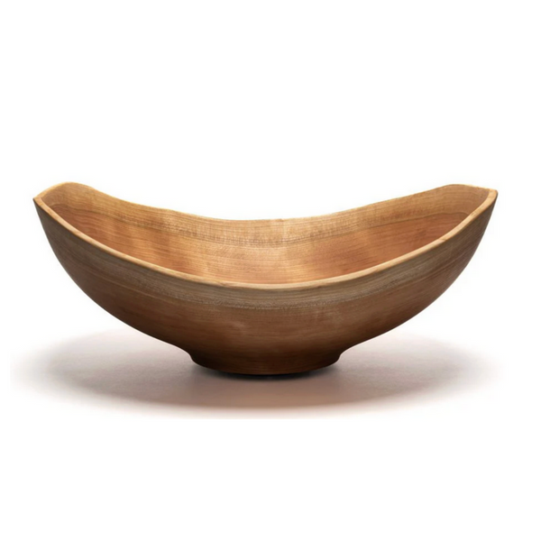The Andrew Pearce Live Edge (Oval) Cherry Wood Bowl XXLarge 24" features smooth, curved sides and a natural wood grain finish in a hand-turned, shallow oval design, shown on a white background.