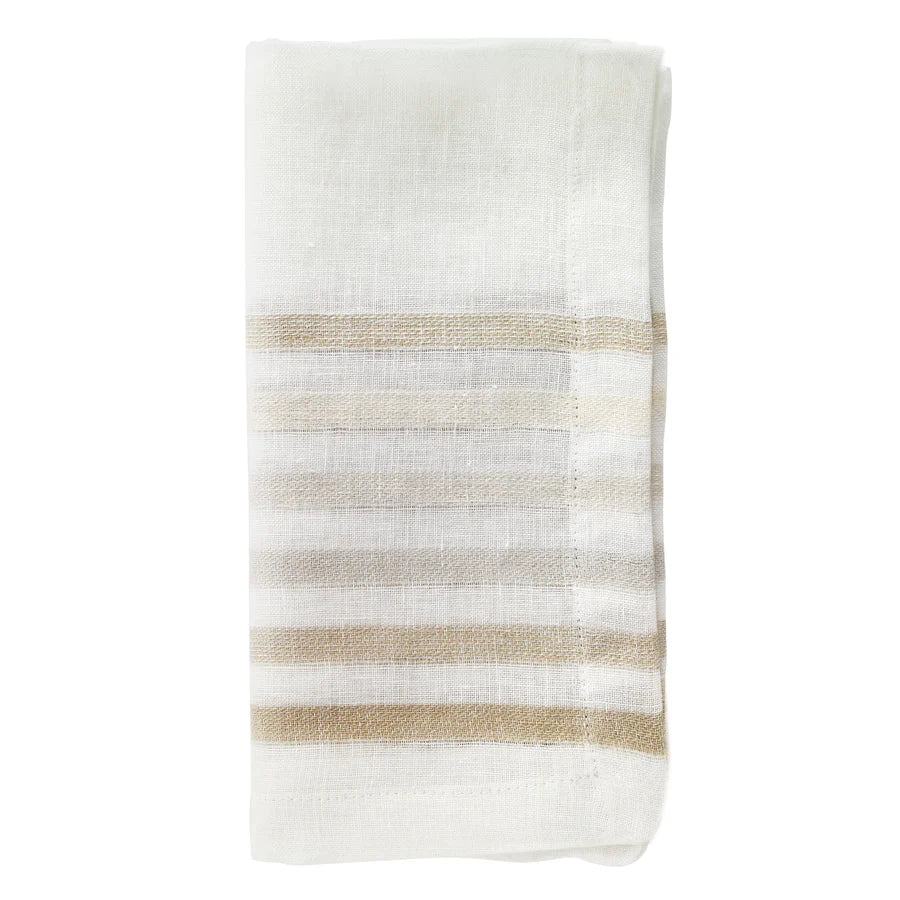 The Bodrum Logan Napkin Beige Set of 4 is neatly folded, showcasing horizontal beige and light gray stripes near the bottom, set against a plain white background.