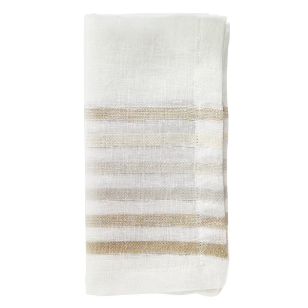The Bodrum Logan Napkin Beige Set of 4 is neatly folded, showcasing horizontal beige and light gray stripes near the bottom, set against a plain white background.