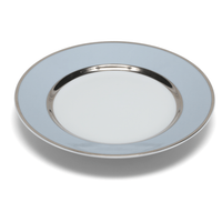 A round, empty Recamier MAK Grey & Platinum Dinnerware plate by Royal Limoges/Bia Cordon Bleu, featuring a shiny platinum rim and white center, is photographed on a white background with a soft shadow below.
