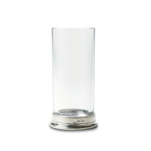 The MATCH Pewter Barware glass by MATCH features a tall, clear tumbler design with a silver Italian pewter base, displayed against a plain white background.
