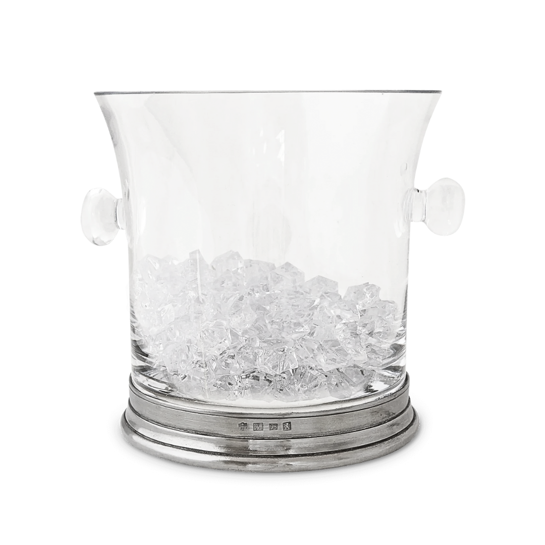The MATCH Pewter & Crystal Ice Bucket With Handles by MATCH, handmade in Italy, features clear glass and pewter with two side handles—a refined barware piece perfect for serving ice.