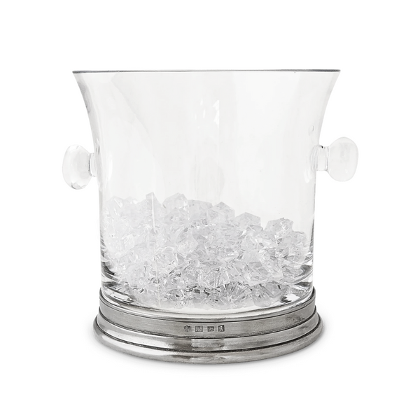 The MATCH Pewter & Crystal Ice Bucket With Handles by MATCH, handmade in Italy, features clear glass and pewter with two side handles—a refined barware piece perfect for serving ice.