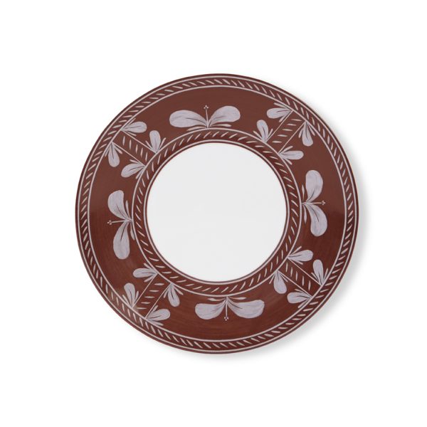 Hand-painted Sevilla Dinnerware Brown Limoges porcelain dinner plate with a white center and a brown rim decorated with white botanical illustrations and a rope-pattern border.