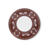 Hand-painted Sevilla Dinnerware Brown Limoges porcelain dinner plate with a white center and a brown rim decorated with white botanical illustrations and a rope-pattern border.