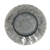 The Costa Nova Madeira Grey Dinnerware is a round handcrafted stoneware plate with a marbled gray and black design, darker center, lighter speckled edges, and a glossy finish that highlights its artisanal quality. Made in Portugal.