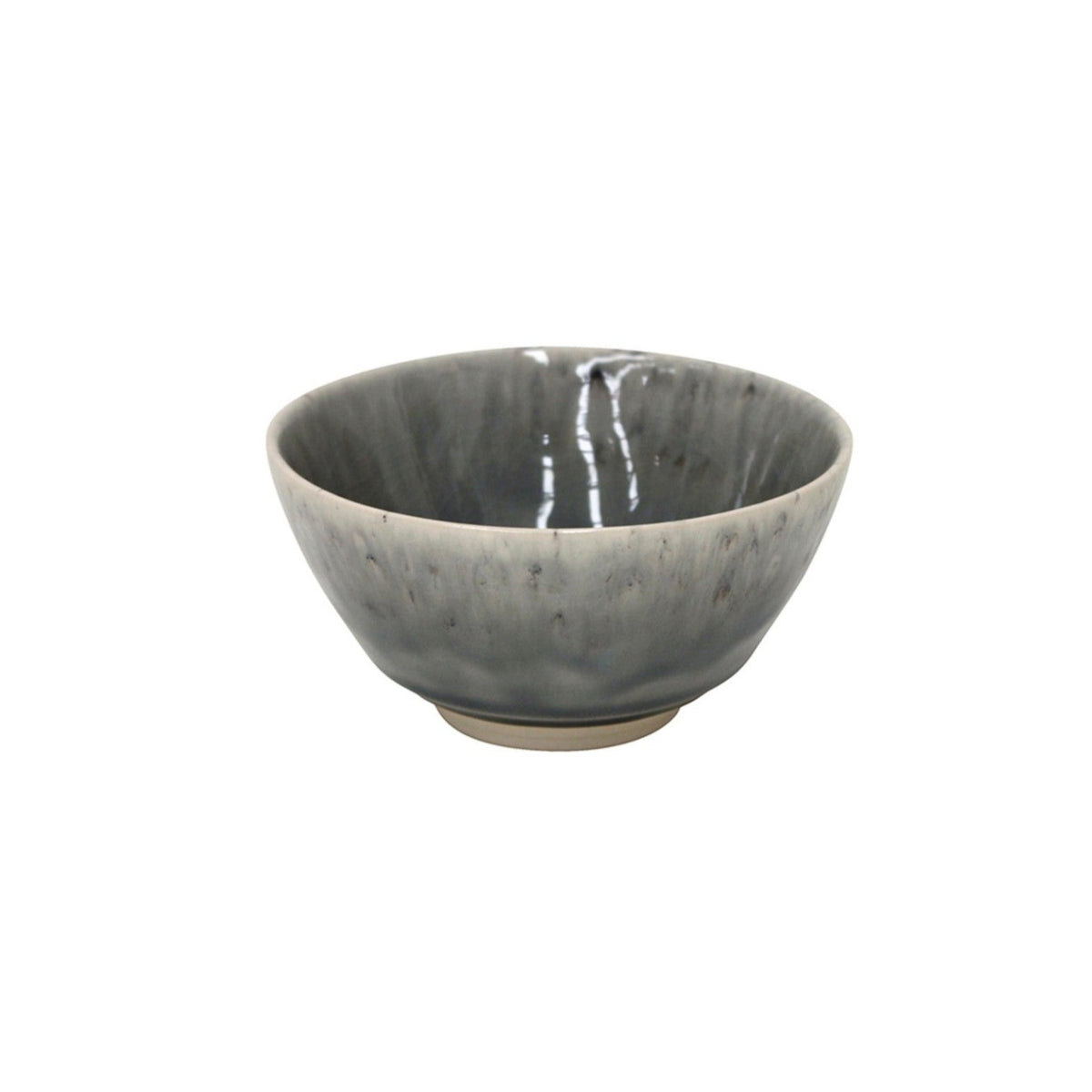 The Costa Nova Madeira Grey Dinnerware is a round, handcrafted stoneware bowl with a glossy gray and black marbled finish, slightly flared rim, and small unglazed base. Made in Portugal, it’s elegantly displayed on a white background.