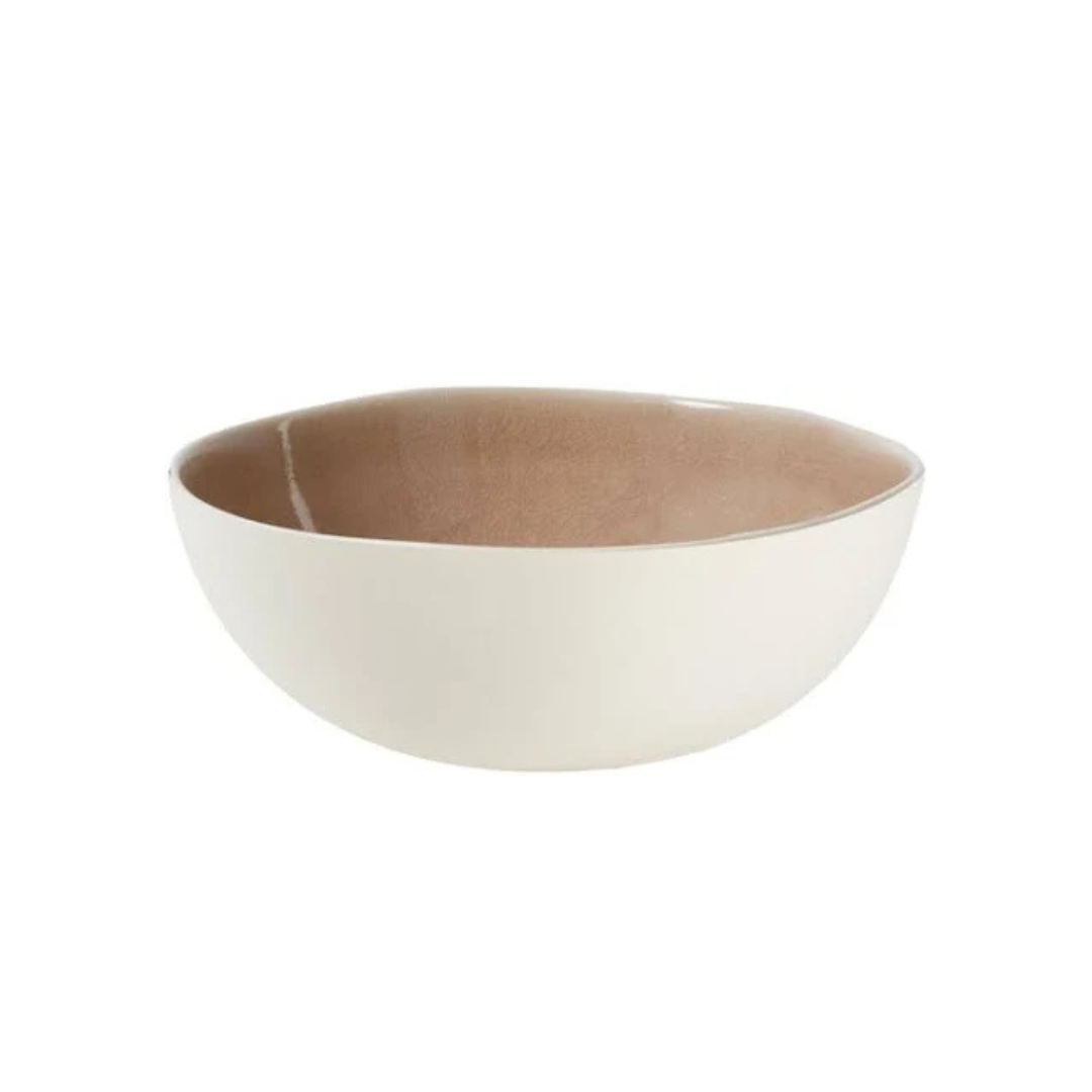 The Jars - Rosenthal Maguelone Dinnerware Tamaris features a round ceramic serving bowl with a smooth white exterior and a glossy, crackled light brown interior, shown against a plain white background.