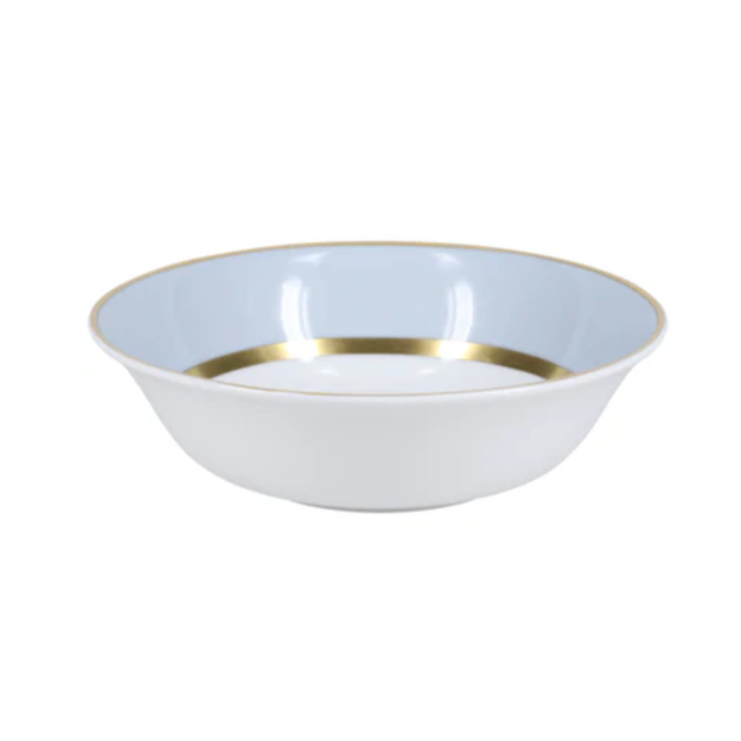 The Recamier MAK Grey & Platinum Dinnerware by Royal Limoges/Bia Cordon Bleu is a contemporary white ceramic bowl with a light blue inner rim and a handpainted platinum band, photographed on a plain white background.