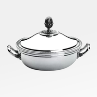 The Christofle Malmaison Silver Plated Vegetable Dish with Lid features ornate handles and a decorative knob, shown against a plain light background.