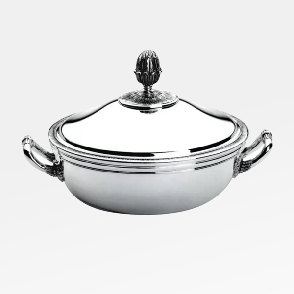 The Christofle Malmaison Silver Plated Vegetable Dish with Lid features ornate handles and a decorative knob, shown against a plain light background.