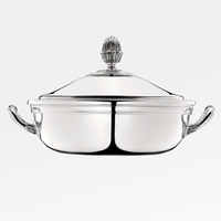 The Christofle Malmaison Silver Plated Vegetable Dish with Lid features two ornate side handles and a decorative acorn-shaped finial, shown on a plain white background.