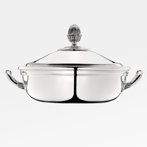 The Christofle Malmaison Silver Plated Vegetable Dish with Lid features two ornate side handles and a decorative acorn-shaped finial, shown on a plain white background.