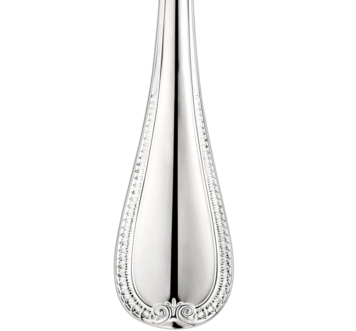Close-up of the Christofle Malmaison 5 Piece Setting - Silver Plated handle, showcasing an ornate scroll design with detailed borders—an elegant touch for formal dining, set against a plain white background.