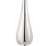 Close-up of the Christofle Malmaison 5 Piece Setting - Silver Plated handle, showcasing an ornate scroll design with detailed borders—an elegant touch for formal dining, set against a plain white background.