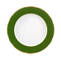 The Marie Antoinette Charger Plate - Green by Bernardaud features a round white ceramic design, glossy dark green border, and thin gold trim—perfect for luxury dining and evoking classic elegance.