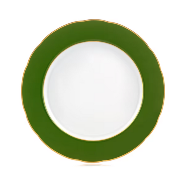 The Marie Antoinette Charger Plate - Green by Bernardaud features a round white ceramic design, glossy dark green border, and thin gold trim—perfect for luxury dining and evoking classic elegance.