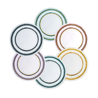 Six Marie Daâge Rafia Stripes plates, crafted from Limoges porcelain, each with a unique colored rim—green, teal, red, black, purple, and gold—feature intricate gold and colored patterns for luxurious table settings.