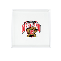 Show your school spirit with the Eye Candy College Acrylic Catchall Tray, featuring the University of Maryland logo, cartoon terrapin mascot, and bold red and black text—a perfect dorm room accessory or gift for any fan.