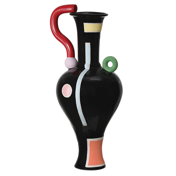 The Matisse Vase - Large by Currey & Company is a tall black sculptural piece featuring a curvy red handle, pastel geometric shapes, and colorful pink, green, yellow, orange, and blue accents for an artistic modern touch to any decor.