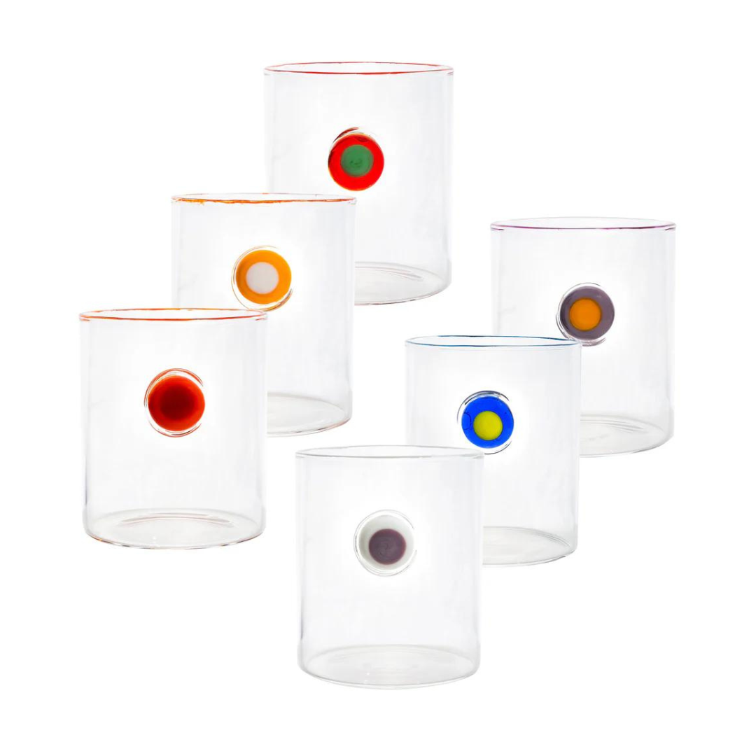 Brighten your bar with the Abigails Medallion Multi Color Highball Glass Set of 6—clear tumblers, each with a vibrant rim and matching dot in red, orange, green, blue, purple, or yellow. A cheerful gift!.