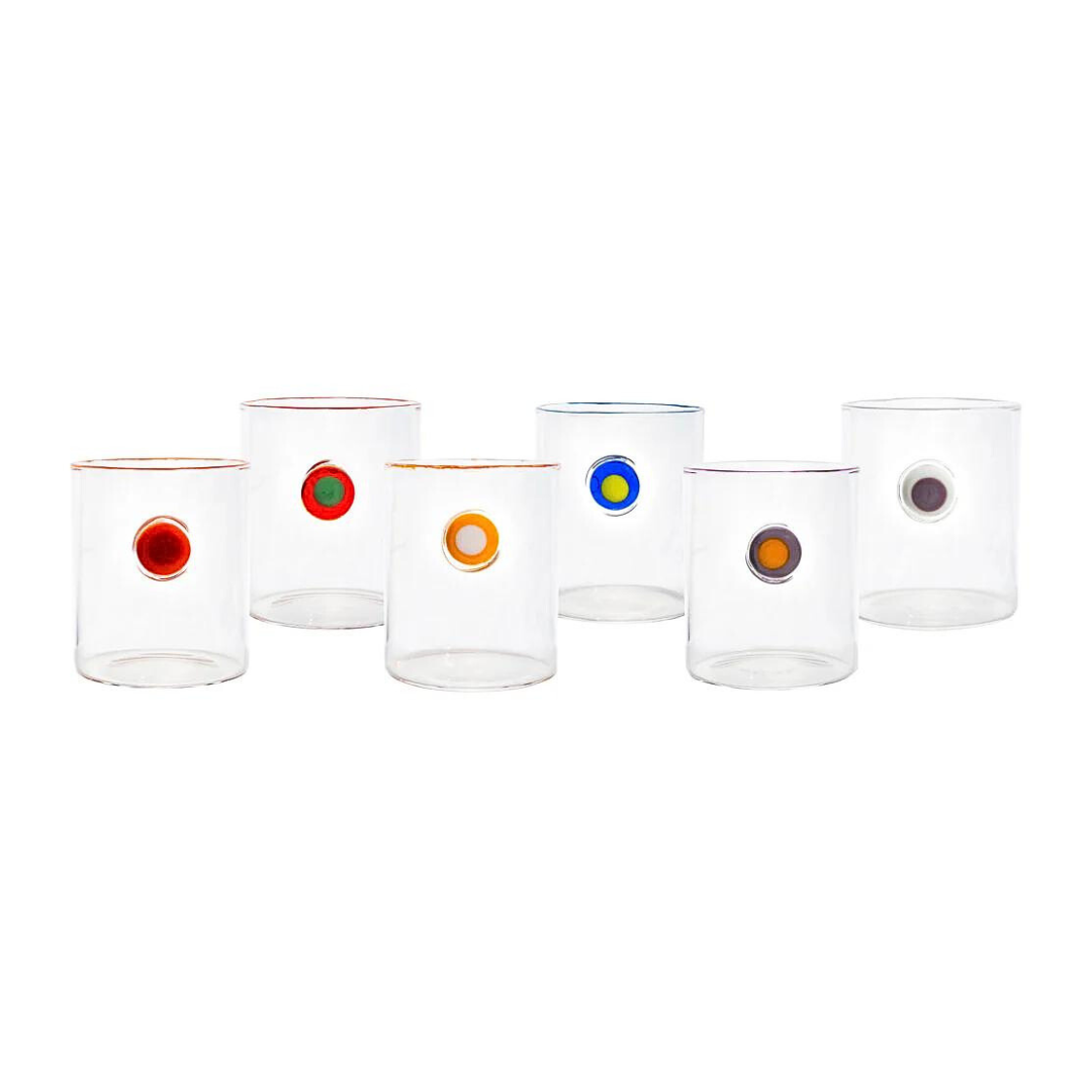 Brighten your bar cart with the Abigails Medallion Multi Color Highball Glass Set of 6, each glass featuring a colored rim and matching dot in red, green, orange, yellow, blue, and brown—a playful and vibrant gift for any occasion.