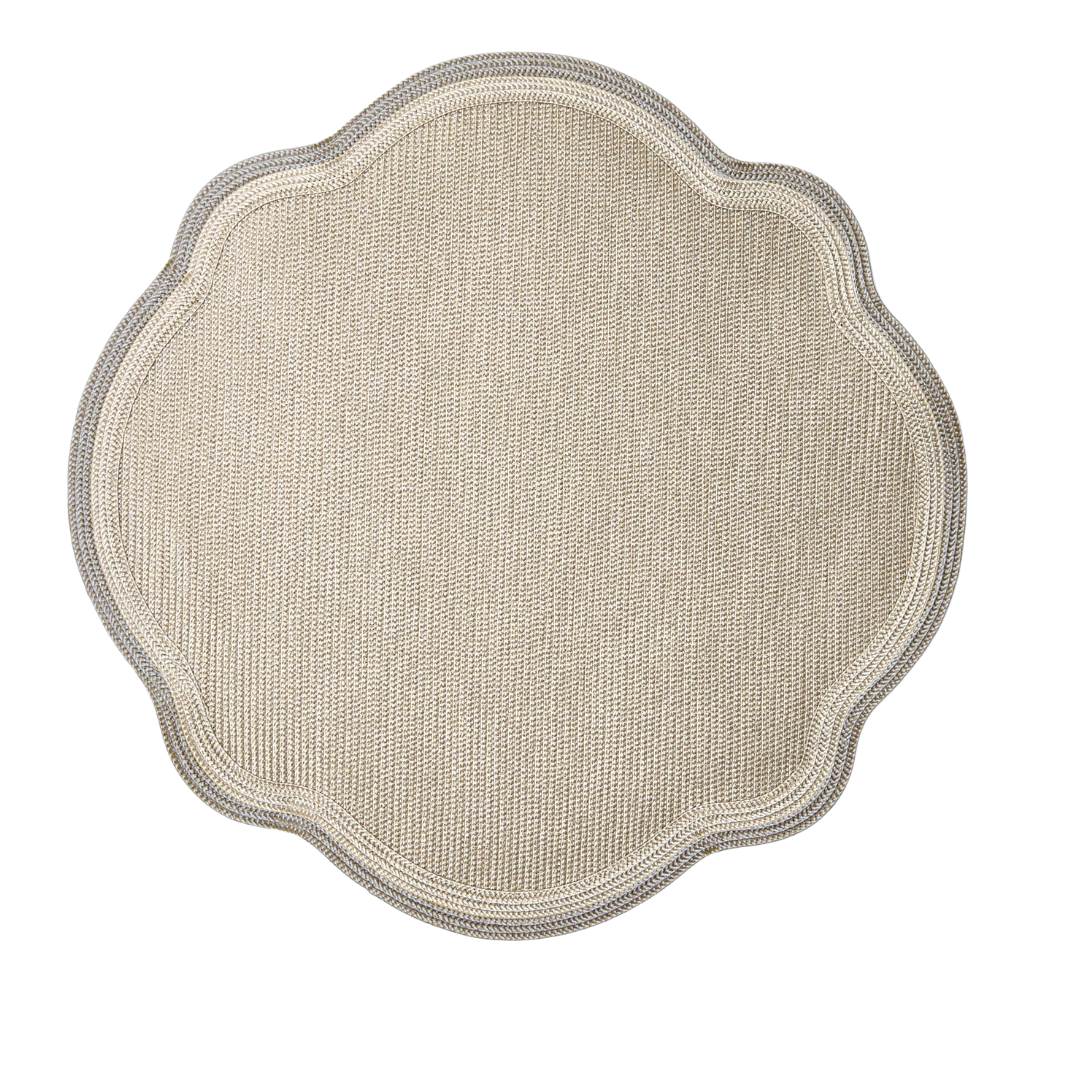 The Deborah Rhodes Harvest Monticello Placemat Espresso & Sand, Set of 4, features a scalloped edge and woven texture with a subtle gray border, displayed on a white background.