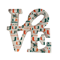 The Eye Candy College Love Sculpture features University of Miami-themed designs—U logo, mascot, and school colors—making it a perfect graduation gift or custom decor piece for proud alumni.