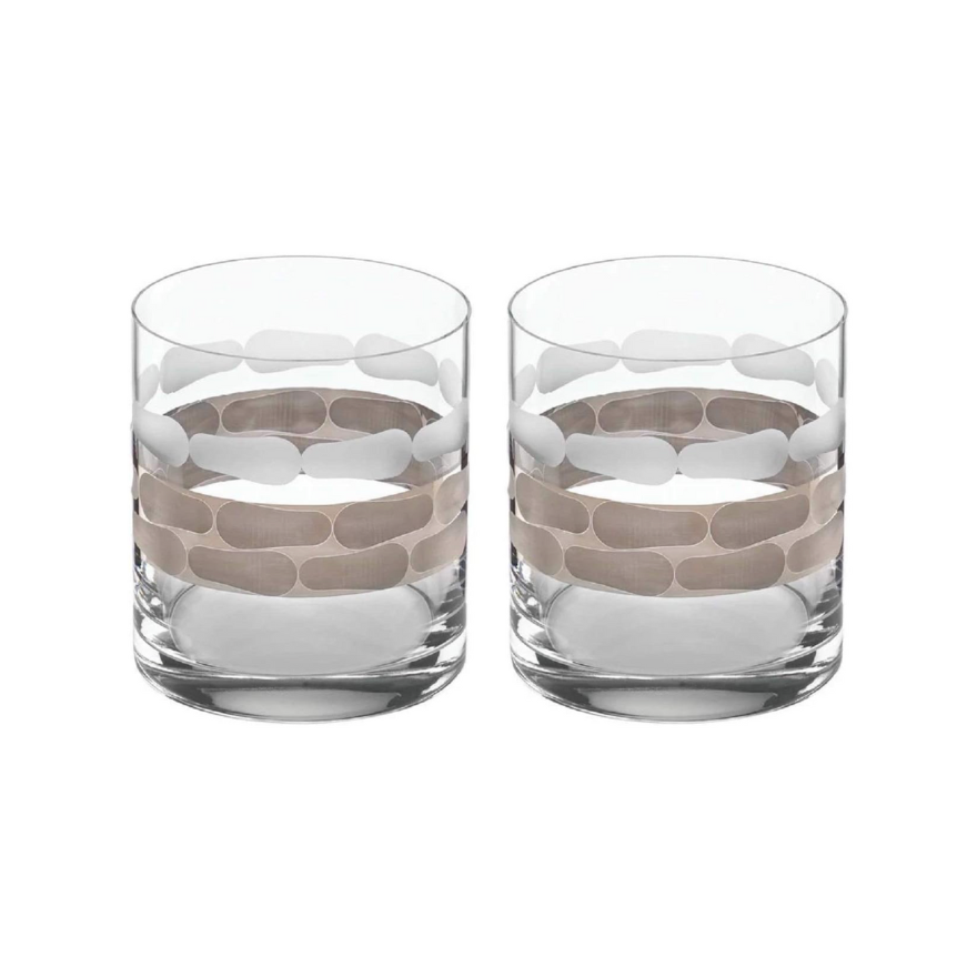 The Michael Wainwright Truro Double Old Fashioned Platinum Set of 2 features clear glass tumblers with modern horizontal bands of frosted and platinum oval and rectangular accents around the center.