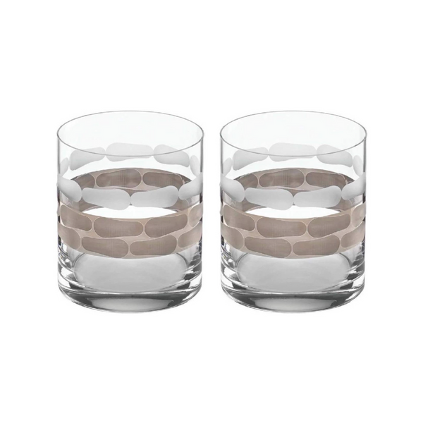 The Michael Wainwright Truro Double Old Fashioned Platinum Set of 2 features clear glass tumblers with modern horizontal bands of frosted and platinum oval and rectangular accents around the center.